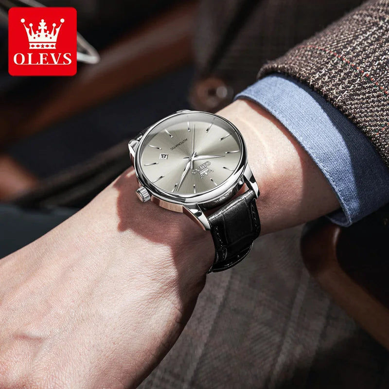 OLEVS 6725 Herren Automatikuhr Klassische Einfache Mechanische Uhr Für Männer Automatisches Datum Original Wasserdichtes Leder Herrenarmbanduhr
