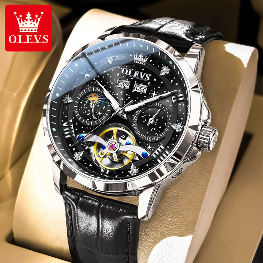 OLEVS 6690 Herrenuhr, hohle Mode-Datumsuhr, mechanische Uhr für Männer, Mondphase, tief wasserdicht, leuchtend, Original Herren Armbanduhr