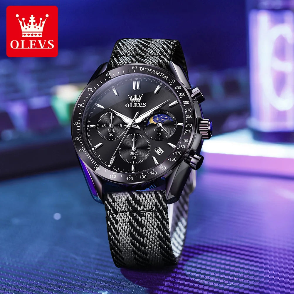 OLEVS 3630 Quartz Man Watch Date Chronograph 24 Hour Moon Phase Waterproof Watch For Men Fashion Nylon Strap Original Hand Clock