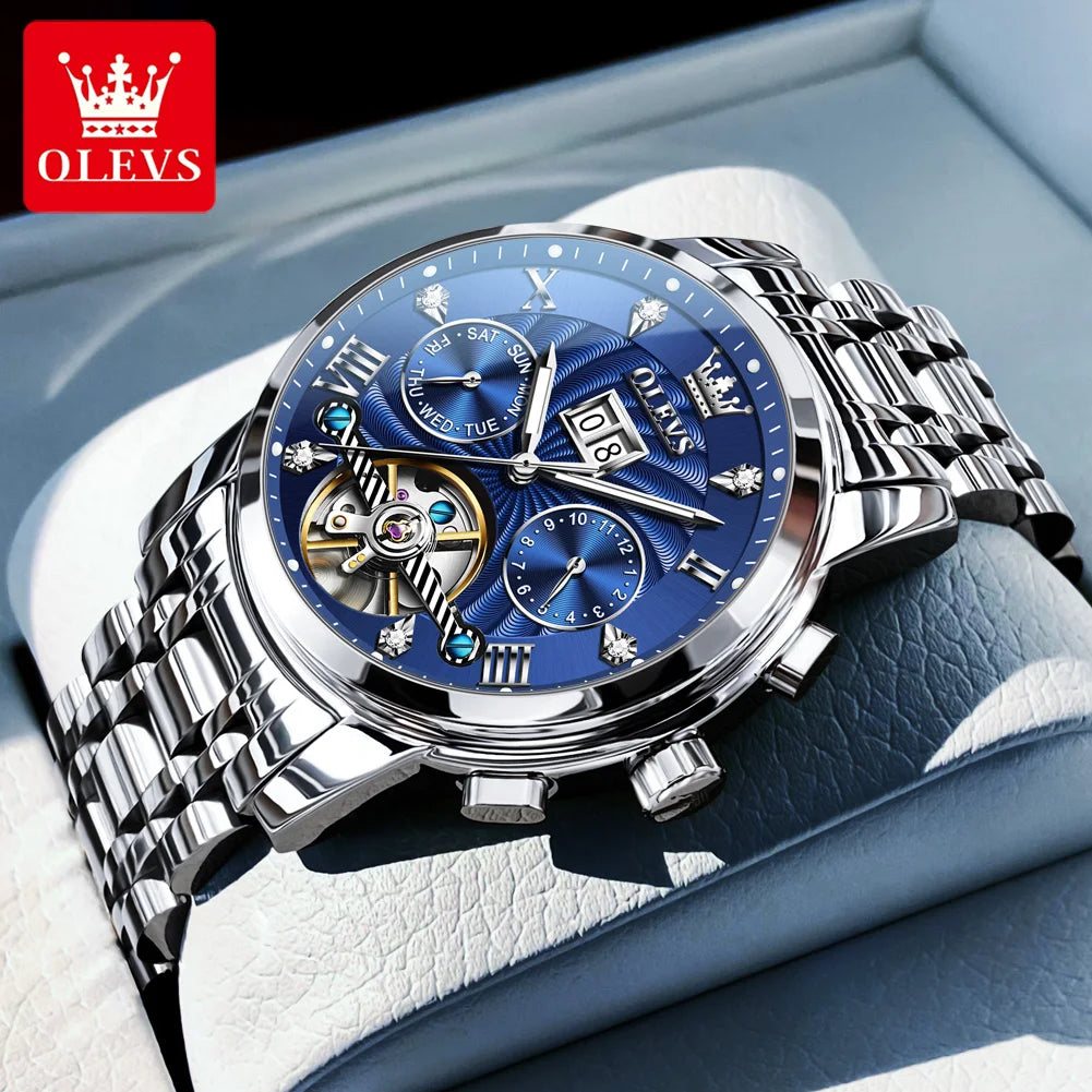 OLEVS 9910 Herrenuhr Luxus Business Mechanische Uhr für Herren Hohl Roman Skala Wasserdicht Leuchtender Kalender Herren-Armbanduhr