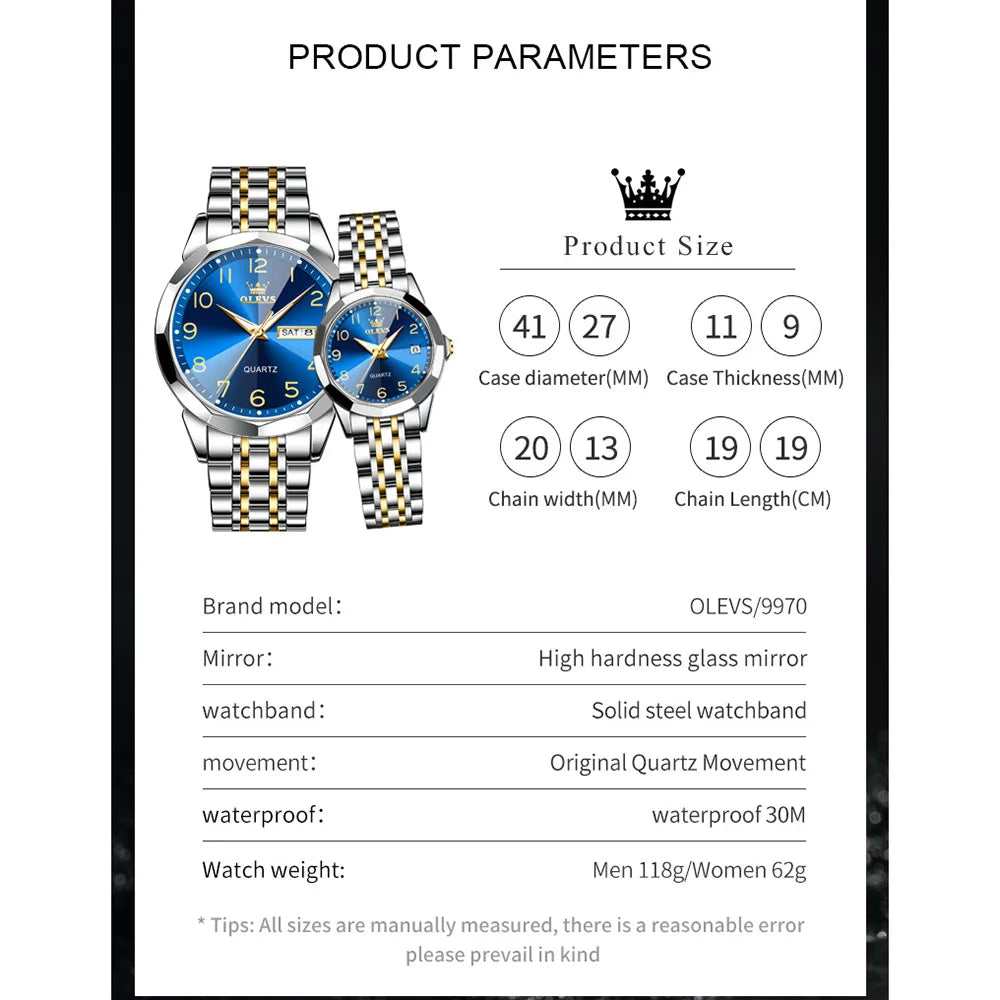 OLEVS 9970 Paar-Armbanduhr für Herren und Damen, luxuriöses Zifferblatt, Rhombus-Spiegel, Quarz-Handuhr, Edelstahl, originale Kleideruhren