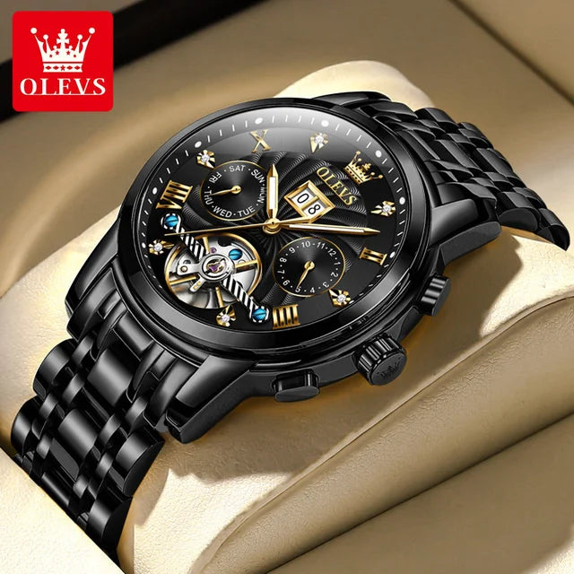 OLEVS 9910 Automatikuhr für Herren, mechanische Herrenarmbanduhr, luxuriöse Skelettuhr aus Edelstahl, wasserdicht, Original Herrenuhr
