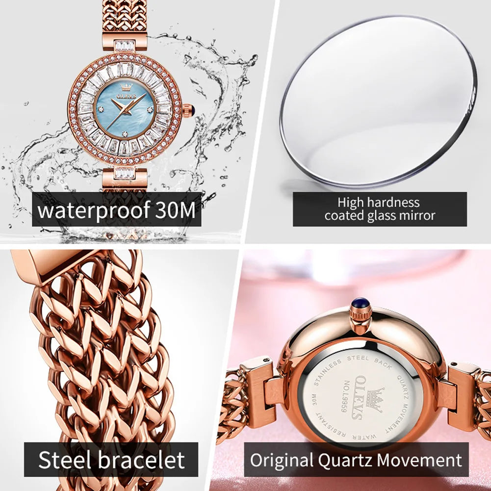 OLEVS 9959 Original Elegante Quarzuhr für Damen Top Marke Wasserdichte Damenuhr Luxus Diamant-Armbanduhr aus Edelstahl