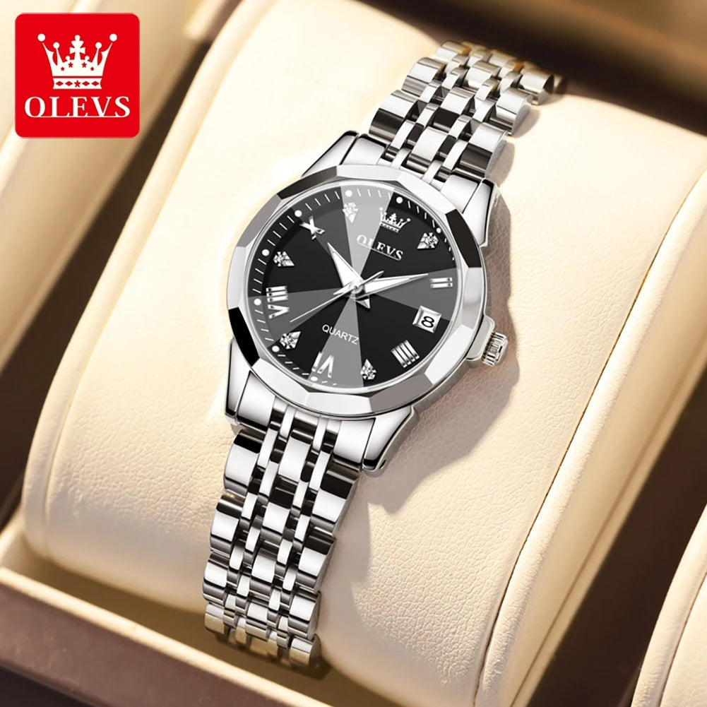 OLEVS 9931 Original Quarzuhren für Damen, Rauten-Spiegel, wasserdicht, leuchtend, Edelstahl-Armbanduhren, Kalender, Neu