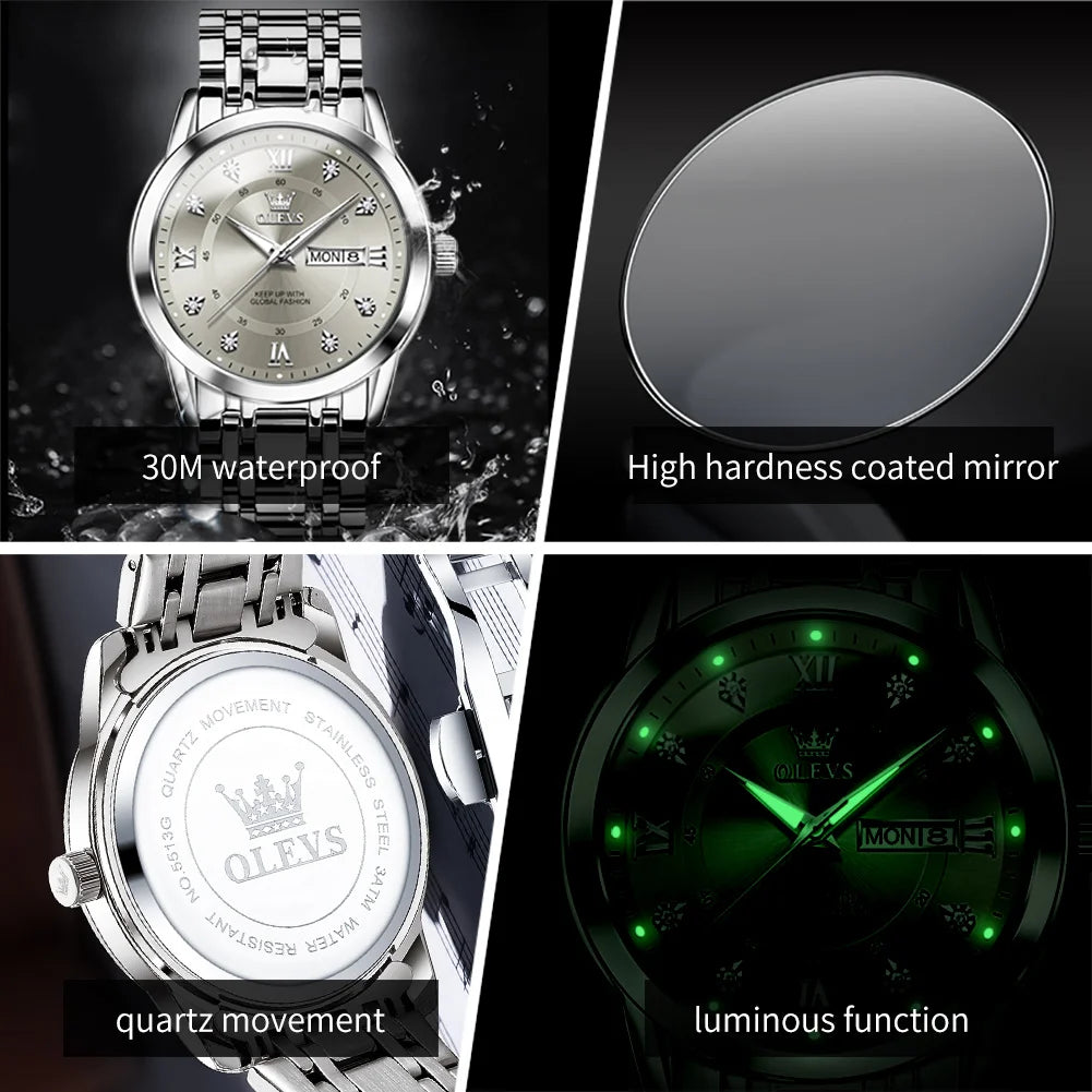 OLEVS 5513 Paar Uhren Luxus Dual-Kalender Quarzuhren für Männer Frauen Original Wasserdicht Leuchtende Diamant-Skala Zeigeruhr