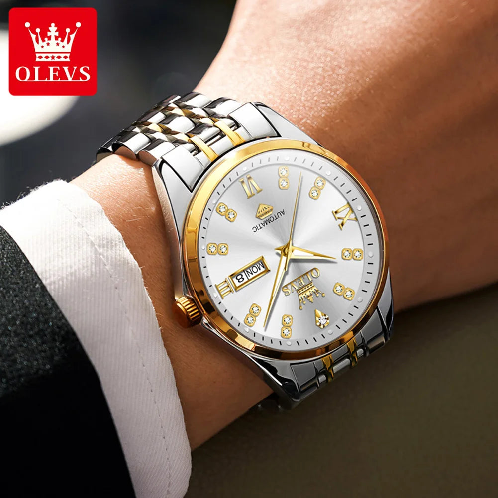 OLEVS 9801 Herrenuhr Wasserdicht Dual Kalender Luxus Mechanische Uhr Für Männer Diamant Zifferblatt Edelstahl Automatische Armbanduhr