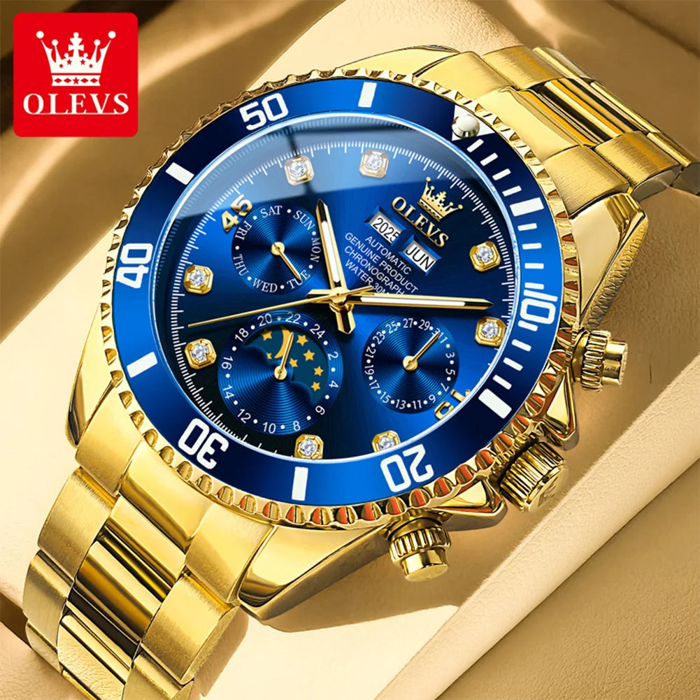 OLEVS 6729 Herren Automatikuhr Luxus Business Mondphase Mechanische Uhr für Herren 30M Wasserdicht Kalender Original Handuhr