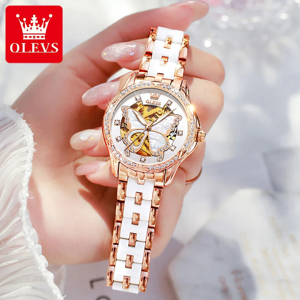OLEVS 6622 Watch For Women Butterfly Dial Luxury Mechanical Woman Watch Waterproof Luminous Diamond Ladies Automatic Hand Clock