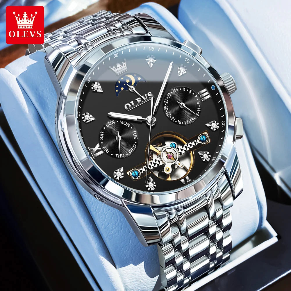 OLEVS Herrenuhren Business Mondphase Luxus Automatische Mechanische Uhr Für Herren Wasserdicht Edelstahl Woche Datum Uhr 6678