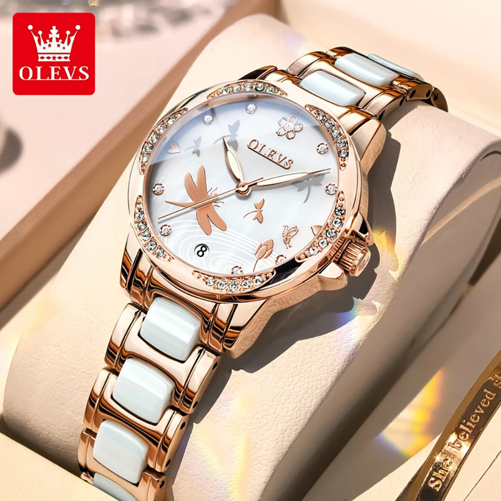 OLEVS Uhren Damen 6610 Automatische Mechanische Uhr Diamantskala Original Uhren für Frauen Kalender Luxus Kleideruhr