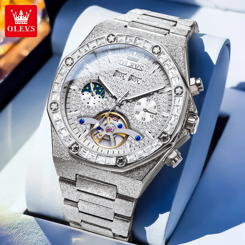 OLEVS 9805 Herrenuhr Luxus Klassische Hohl Skelett Diamant Wasserdichte Herren Handuhr Mondphase Datum Mechanische Uhr Für Männer