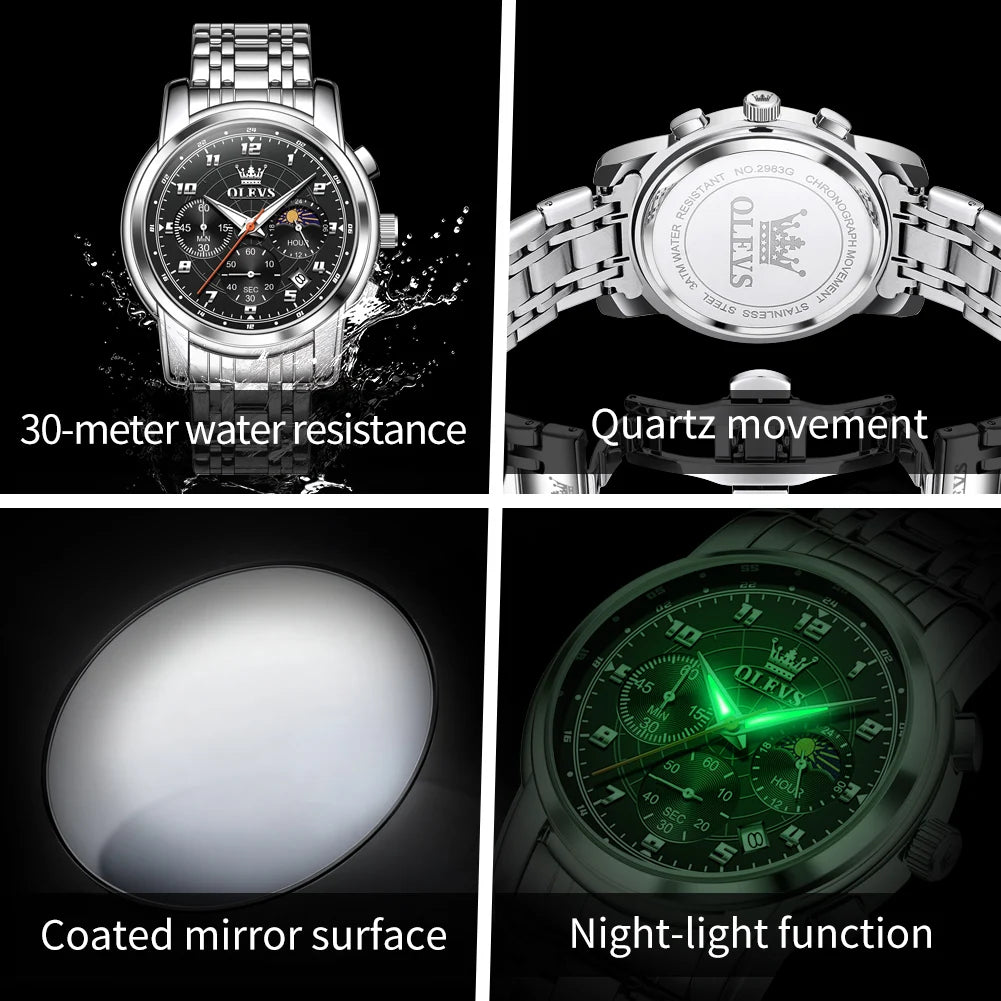 OLEVS Herrenuhren Business Original Multifunktions-Quarzuhr Wasserdicht Leuchtende Mondphase Herrenuhr Reloj 2983
