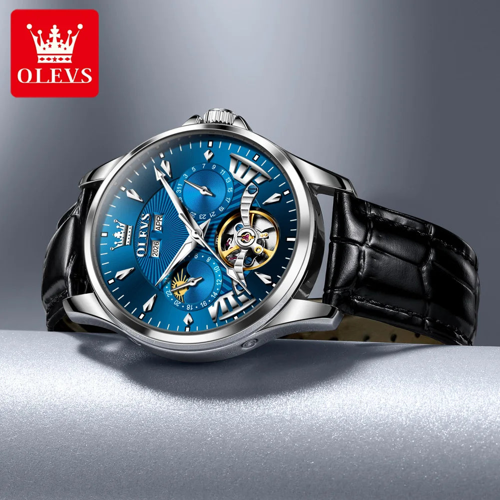 OLEVS 7103 Men's Watch Flywheel Automatic Mechanical Wristwatch Waterproof Perpetual Calendar Moon Phase Watches For Men Classic