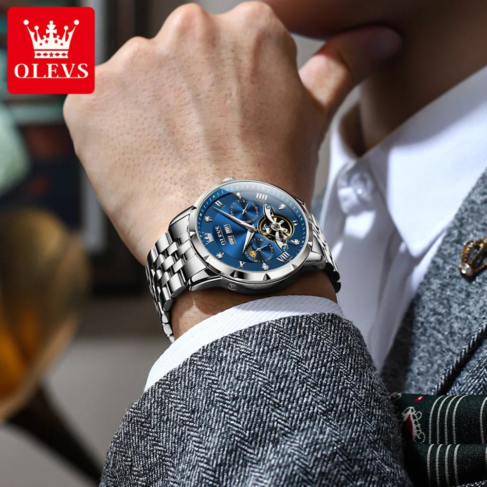 OLEVS 6691 Herrenuhren Luxus Römische Skala Mechanische Uhr für Herren Moonswatch Hohl Schwungrad Kalender Wasserdichte Armbanduhr