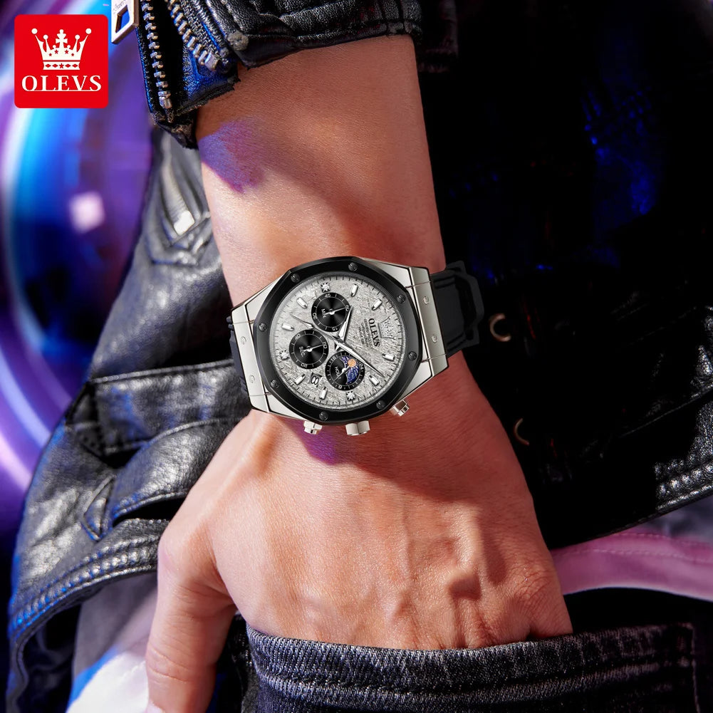 OLEVS 9911 Erkek Kuvars Saat Büyük Kadran Kronograf Saat Erkekler İçin Moonswatch Tarih Moda Su Geçirmez Erkek Kol Saati Silikon Kayış