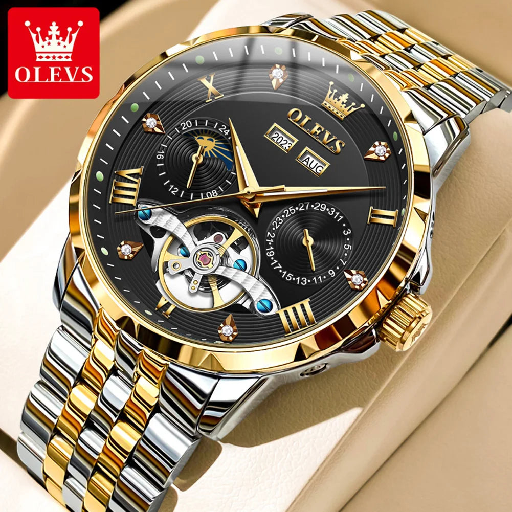 OLEVS 6691 Herrenuhren Luxus Römische Skala Mechanische Uhr für Herren Moonswatch Hohl Schwungrad Kalender Wasserdichte Armbanduhr