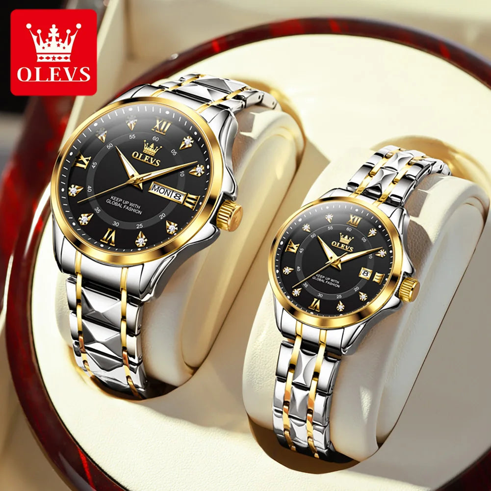 OLEVS 2906 Paar-Armbanduhr Original Römisches Zifferblatt Diamantenbesatz Luxus Quarz Uhr Für Herren Damen Rhombus Armband Wasserdicht Zeigeruhr