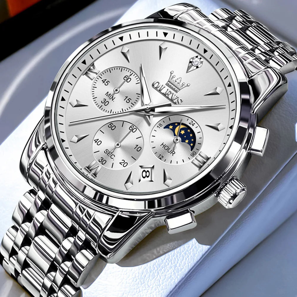 OLEVS 3639 Luxury Men's Watch Top Brand Moon Phase Chronograph Quartz Watches For Man Auto Date Fashion Waterproof Man Clock