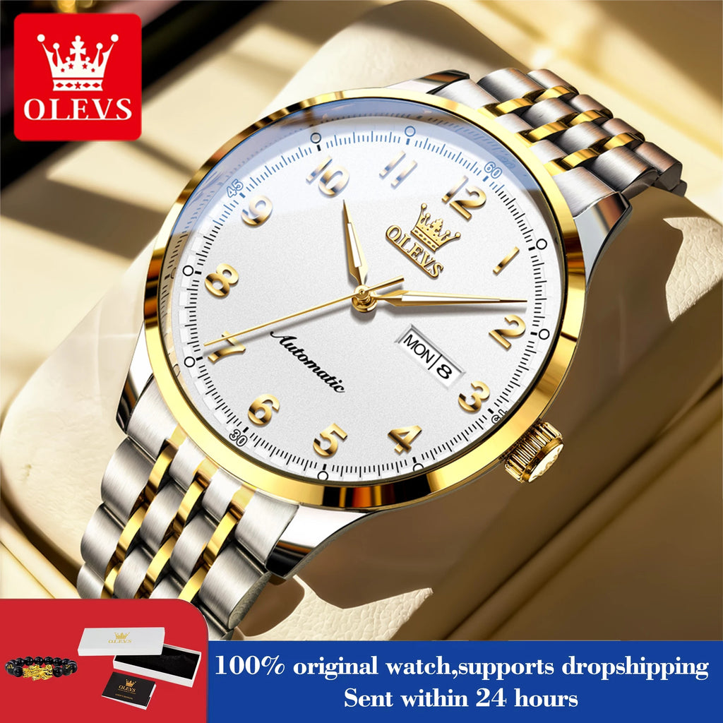 OLEVS Herren Luxus Mechanische Armbanduhren für Herren Wasserdichte Leuchtende Dual-Kalender Uhren Edelstahl-Uhr 7100
