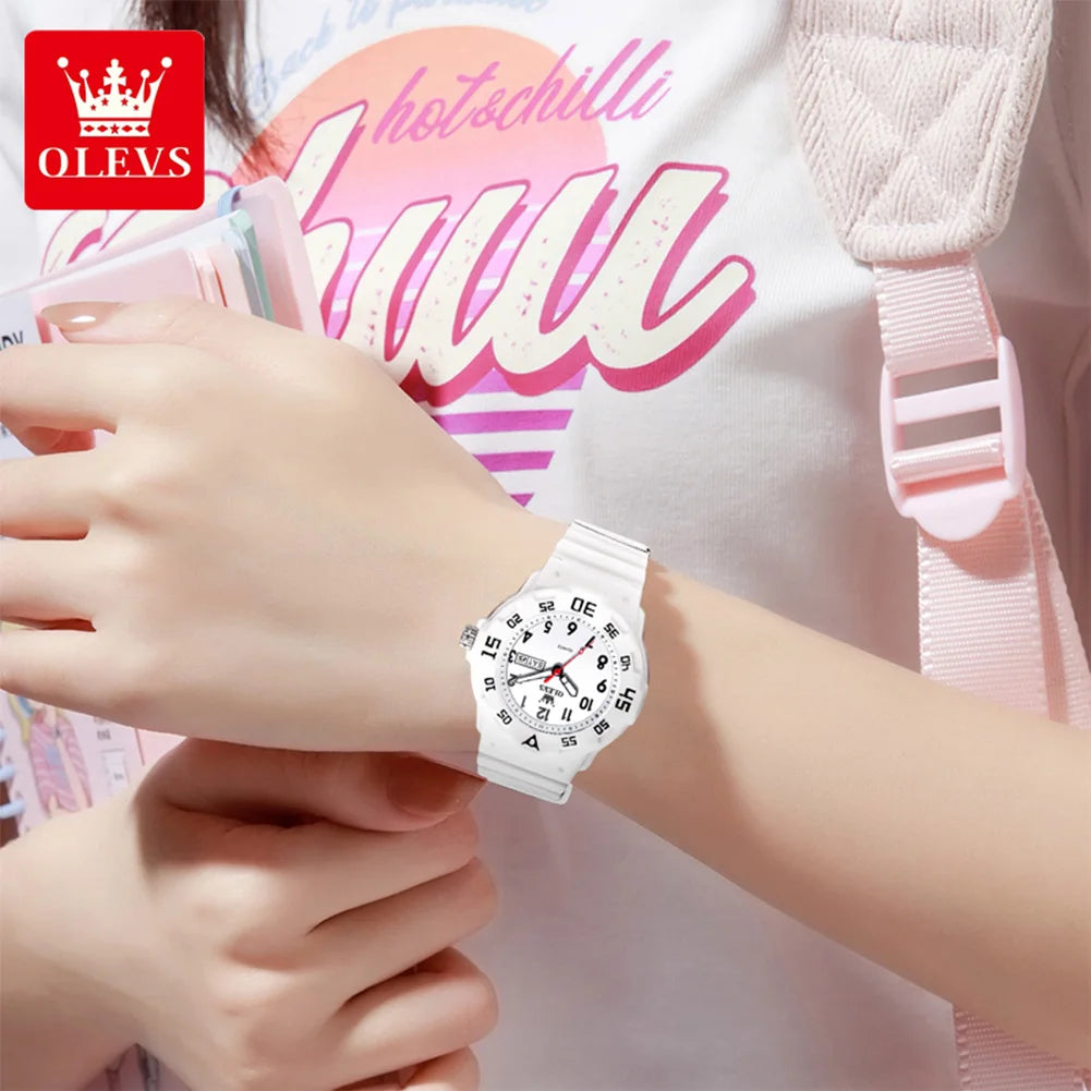 OLEVS 5659 Damenuhr Ziffernskala Silikonarmband Student Quarz Uhr Für Frauen Dual Kalender Mode Wasserdichte Armbanduhr