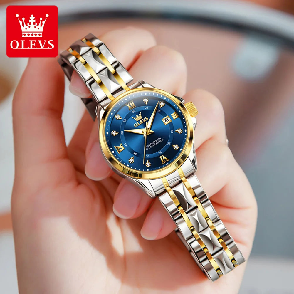 OLEVS 2906 Paar-Armbanduhr Original Römisches Zifferblatt Diamantenbesatz Luxus Quarz Uhr Für Herren Damen Rhombus Armband Wasserdicht Zeigeruhr