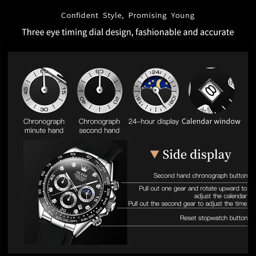 OLEVS Uhr Mondphase Quarzuhren für Herren Wasserdicht Leuchtendes Silikonarmband Business Herrenuhr Bestseller 2875