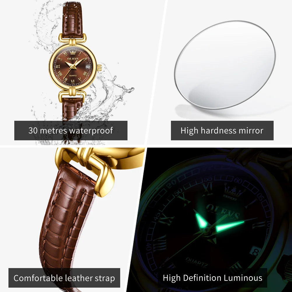 OLEVS 5645 Damenuhr Lederarmband Datum Quarzuhr für Damen Hochfeste Spiegelskala im römischen Stil Mode Damenuhr