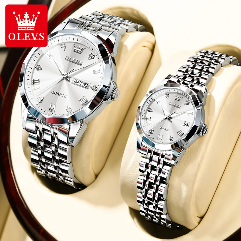 OLEVS 9931 Uhr für Herren und Damen Römische Skala Quarz-Paaruhr Rhombus-Spiegel Automatisches Datum Armbanduhr Luxus Wasserdichte Handuhr