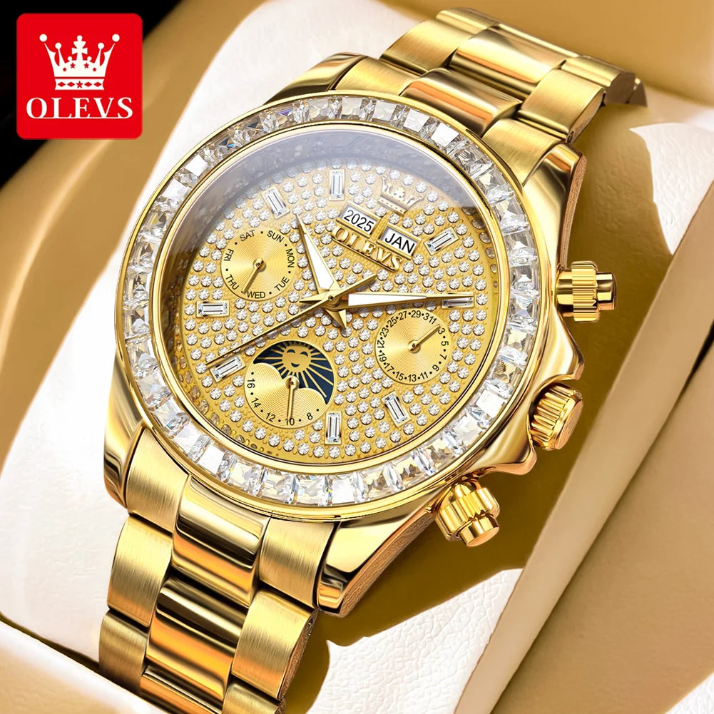 OLEVS 7038 Luxuriöse Diamant-Automatik-Herrenuhr mit Mondphase, Datumsanzeige, 30 m wasserdicht, Edelstahl-Herrenarmbanduhr