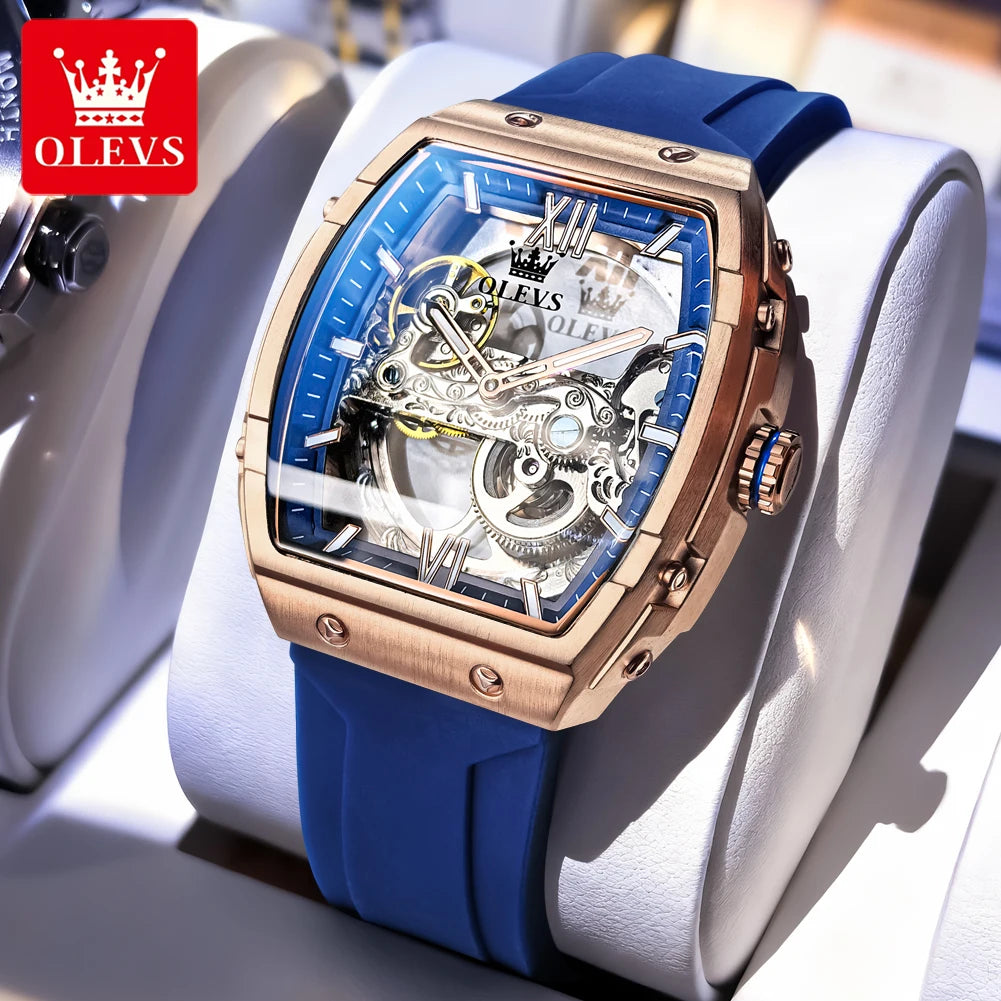 OLEVS 6779 Herrenuhr Skelett Luxus Tonneau Mechanische Uhren für Männer Wasserdichtes Silikonarmband Automatische Handaufzugsuhr Geschenkbox