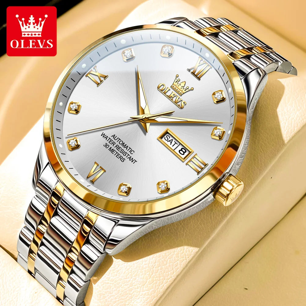 OLEVS Uhren Luxus Herren Business Diamantskala Automatik Mechanische Uhr Doppelkalender Wasserdicht Herren Armbanduhr 9946