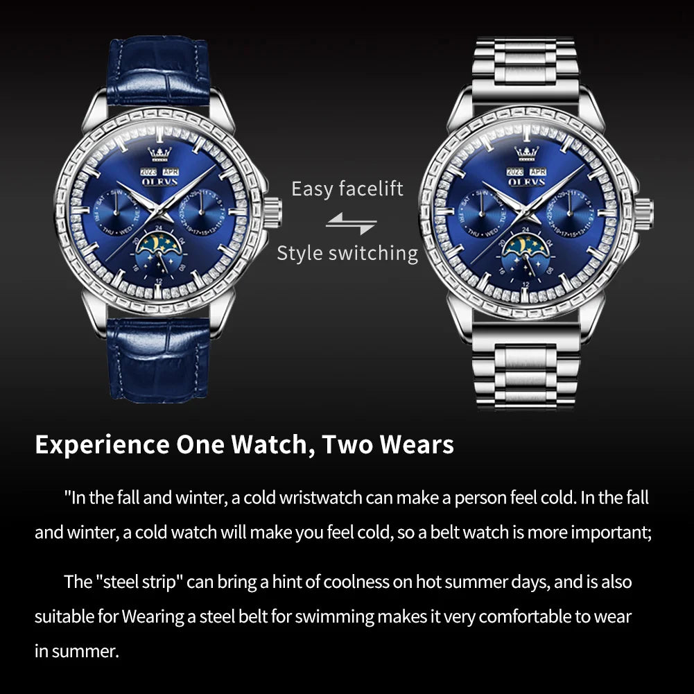 OLEVS 6695 Luxus-Geschäftsuhren für Herren, Mondphasen-Automatikuhr, wasserdichte Herrenarmbanduhr, Geschenkbox, Uhr