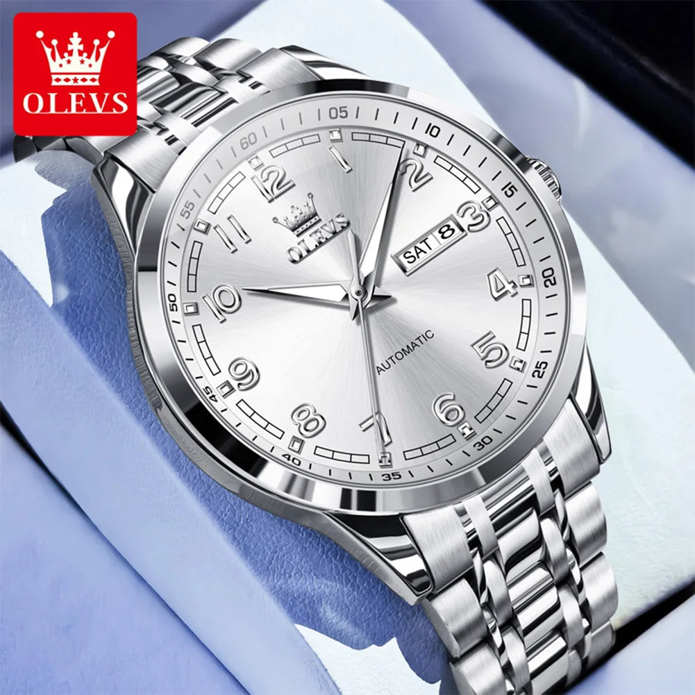 OLEVS 7077 Herren-Automatikuhr, Mode, Datum, mechanische Herrenuhr, Ziffernskala, luxuriös, wasserdicht, leuchtende Uhr für Herren