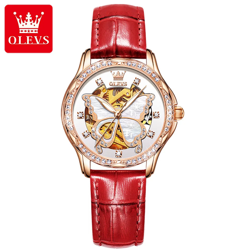 OLEVS 6622 Uhr für Damen, Schmetterlingszifferblatt, Luxus-Mechanik-Damenuhr, wasserdicht, leuchtend, Diamant, Damen, Automatik-Handuhr