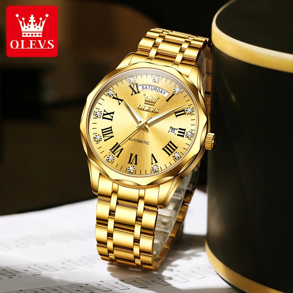 OLEVS 6780 Luxus Business Automatikuhr für Herren, römische Ziffern, Doppelkalender, wasserdicht, Edelstahl