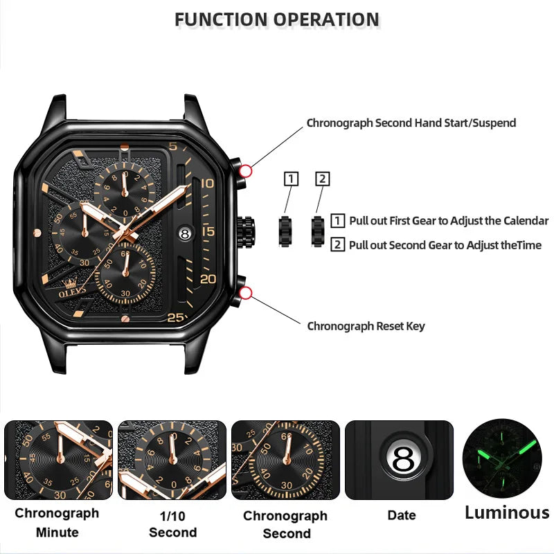 OLEVS Business Casual Fashion Watch Quadratische Quarzuhr Leder Datum Uhren für Herren Wasserdicht Leuchtend Herrenuhren 9950