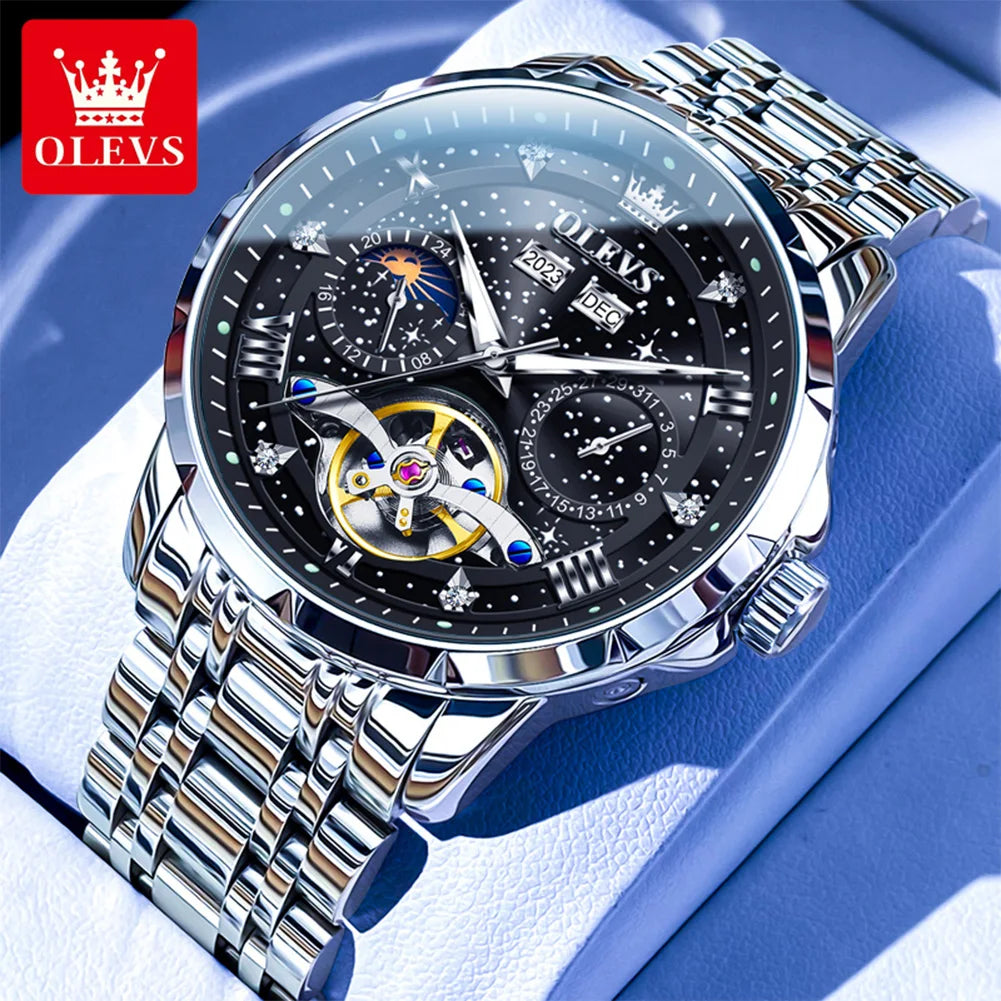 OLEVS 6690 Herrenuhr, hohle Mode-Datumsuhr, mechanische Uhr für Männer, Mondphase, tief wasserdicht, leuchtend, Original Herren Armbanduhr