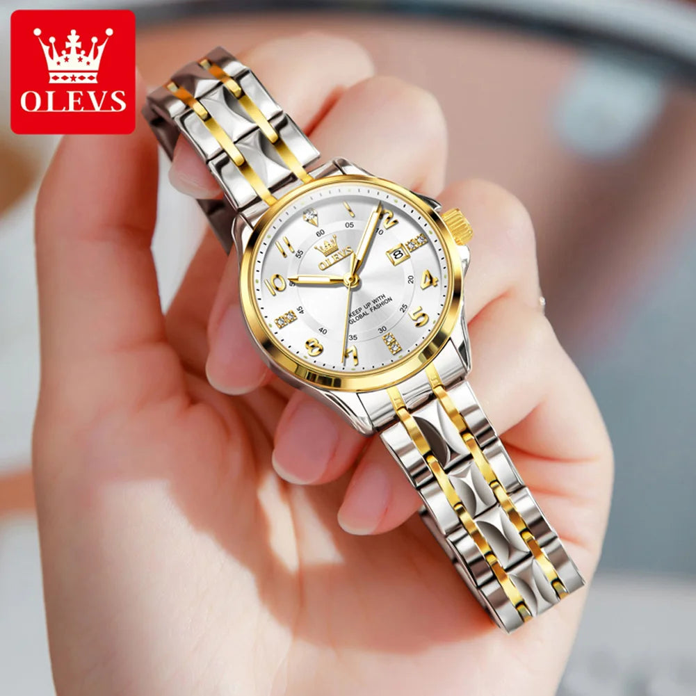 OLEVS 2910 Quarzuhr für Damen Edelstahl Wasserdicht Kalender Luxus Damenuhr Zifferblatt mit Nummernskala Damenuhren