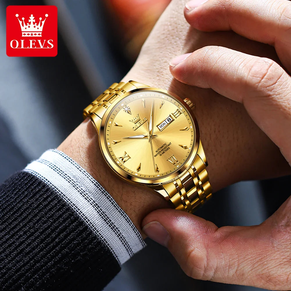 OLEVS 9956 Herrenuhr Stahlarmband Luxus Automatikuhr für Herren Original Mode Wasserdicht Mechanische Uhr Doppelkalender
