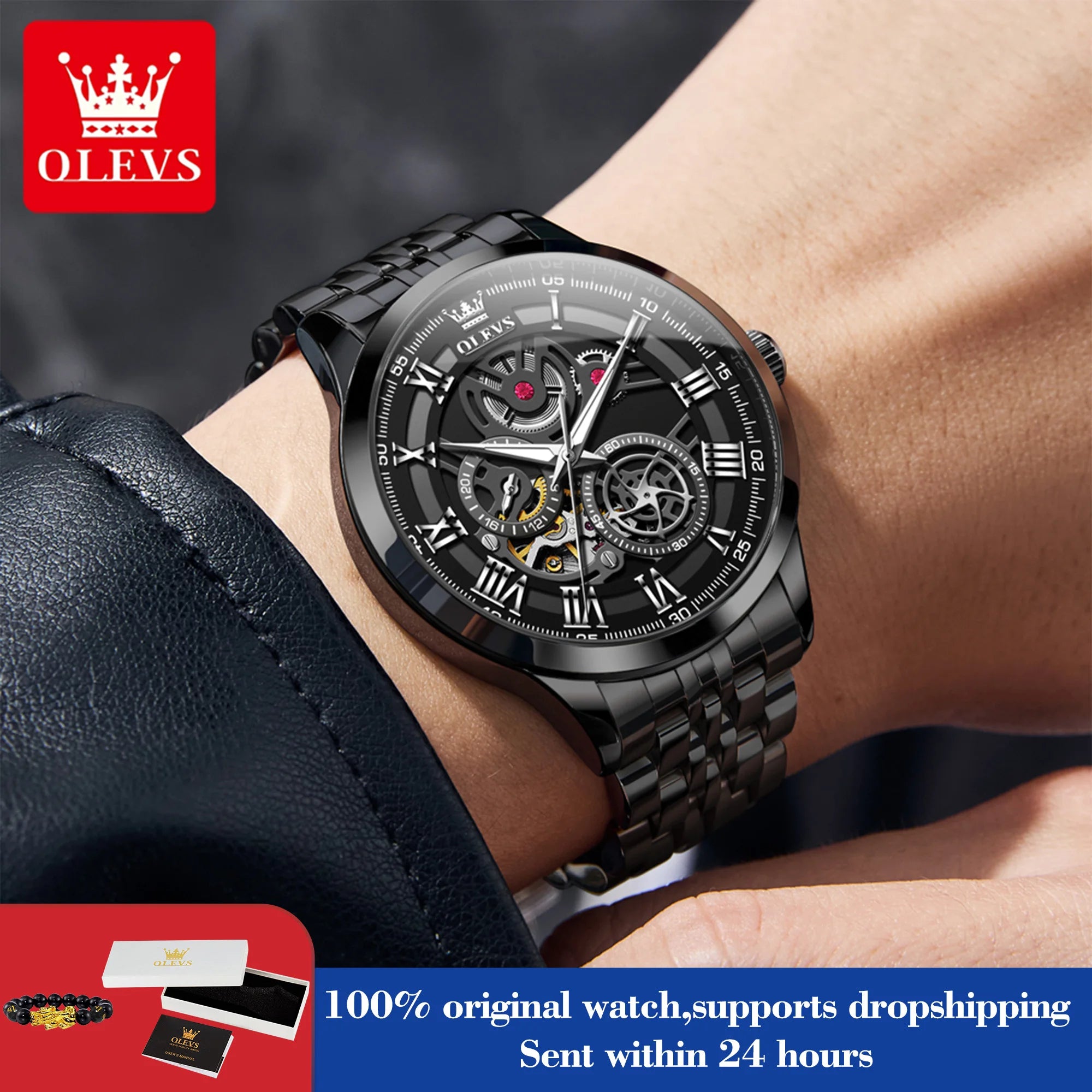 OLEVS 7076 Herren Automatikuhr Mode Hohl Mechanische Uhr Für Herren Wasserdicht Edelstahlarmband Römische Ziffern Skala Handuhr