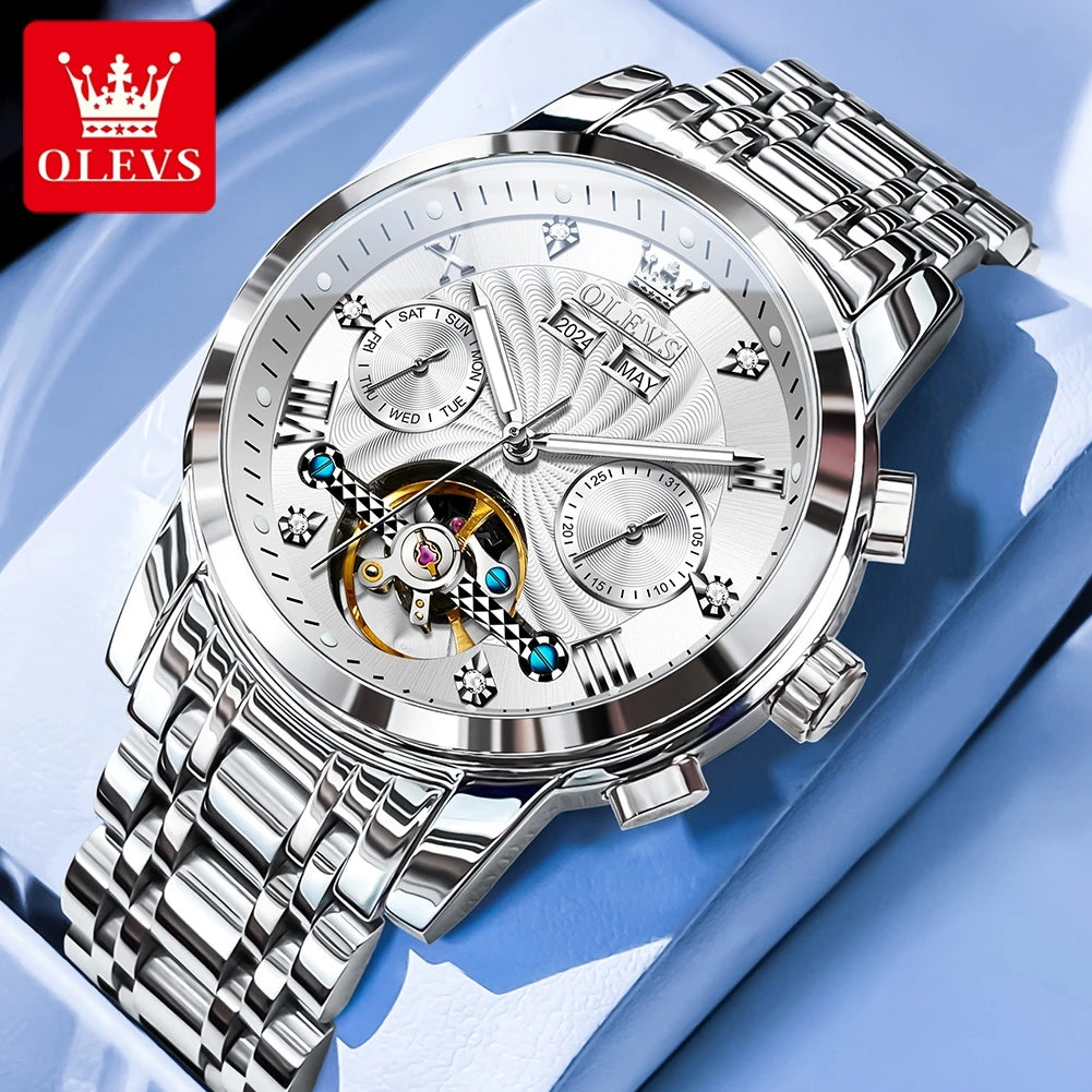 OLEVS 7088 Herrenuhr Mode Kalender Mechanische Uhr für Herren Original Hohl-Stahlarmband Business Armbanduhr Tief Wasserdicht