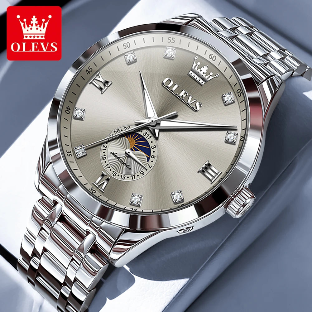 OLEVS 7041 Automatikuhr Herren Mondphase Mechanische Uhr für Herren Luxus Datum Wasserdicht Business Herrenuhr Diamantskala