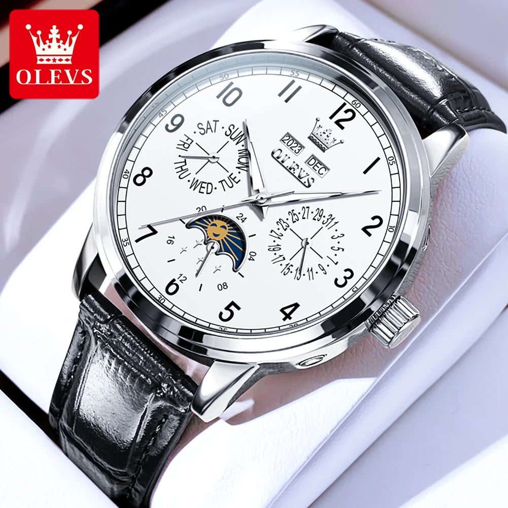 OLEVS 6698 Herren Automatikuhr mit Zifferblatt, Mondphase, mechanisch, für Herren, 42 mm großes Zifferblatt, wasserdicht, Leder, Herrenuhr