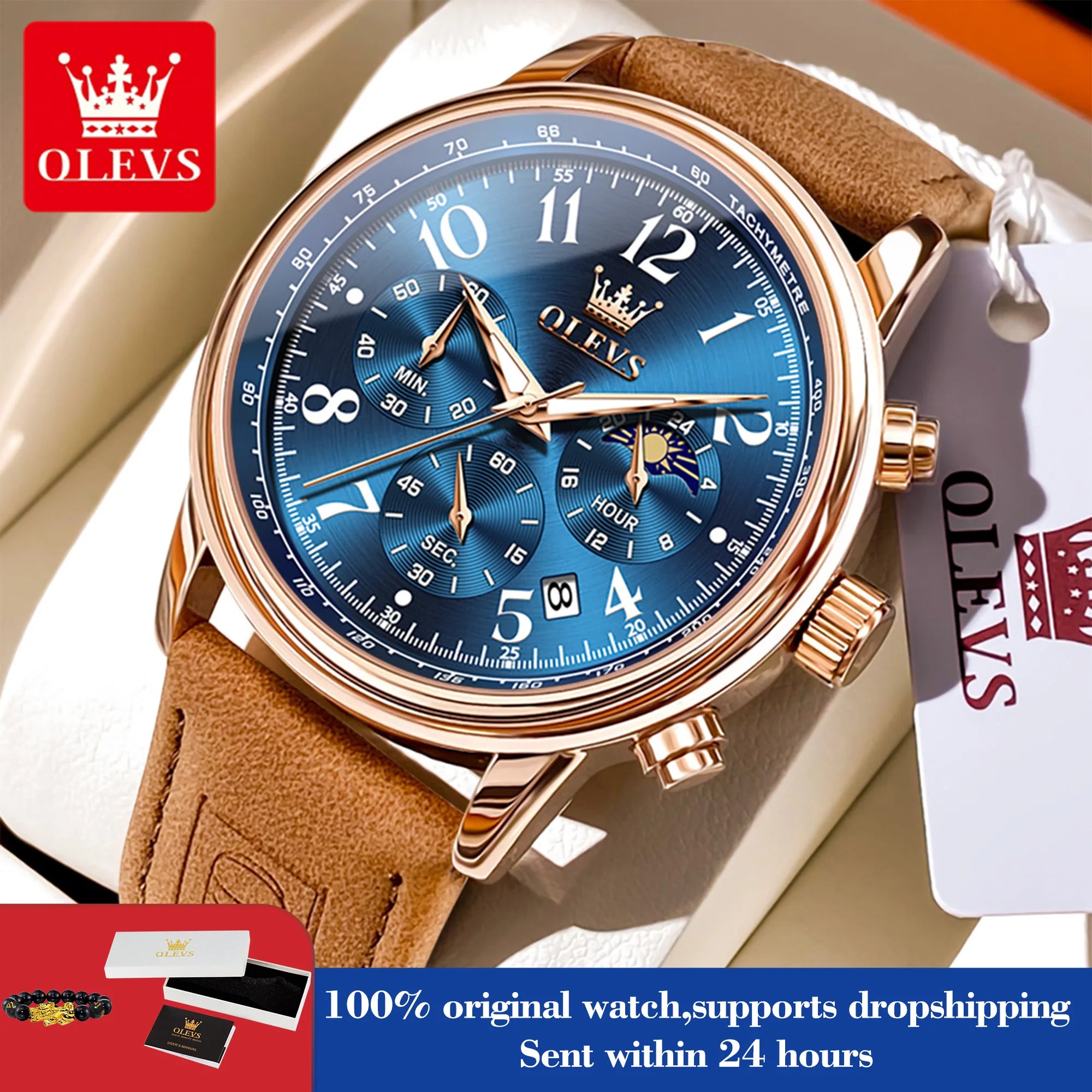 OLEVS 2912 Sport Chronograph Quarz-Uhr für Herren Mondphase Ziffer 43mm Großes Zifferblatt Herrenuhren Wasserdicht Original Armbanduhr