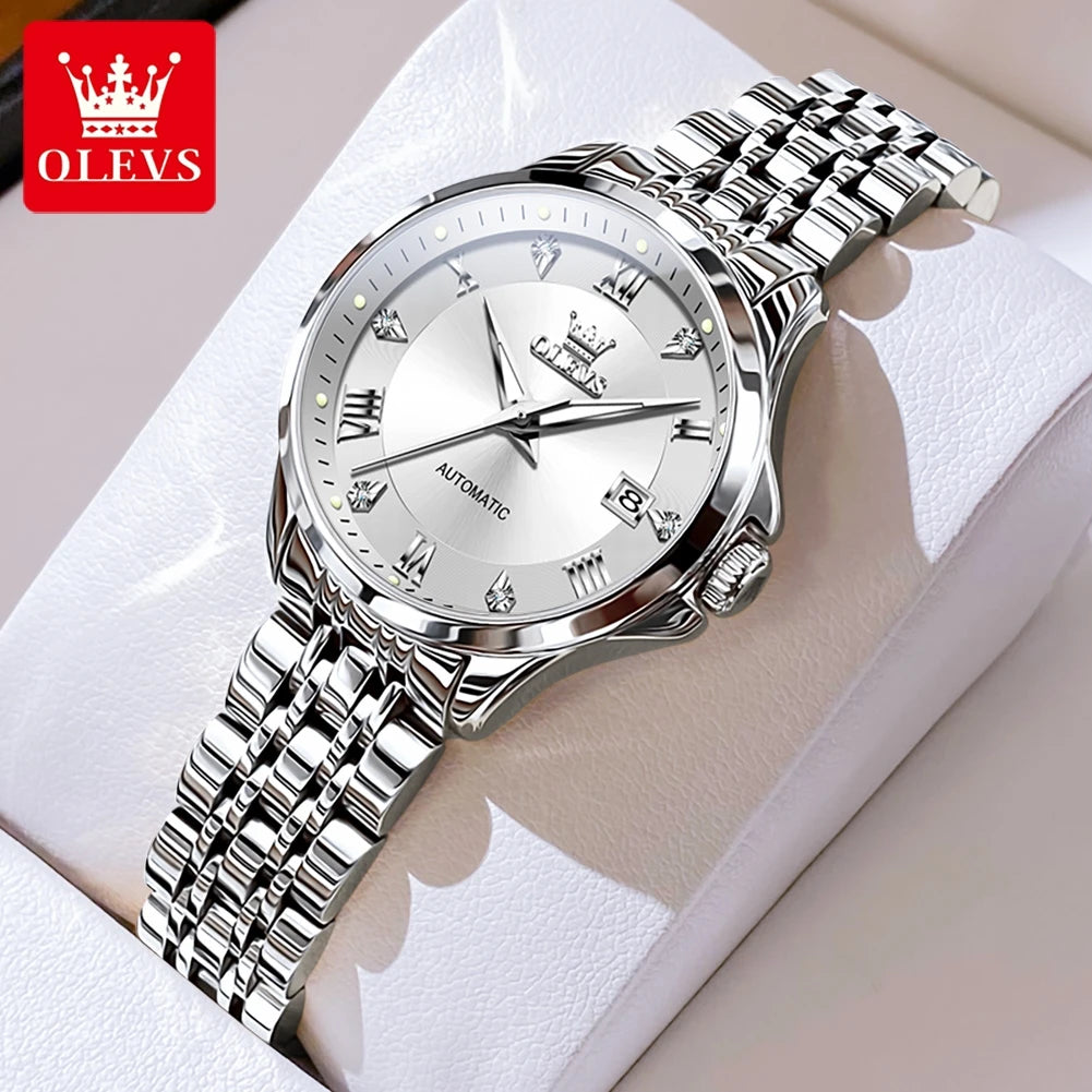 OLEVS 6702 Damenuhr Stahlarmband Automatische Datumsanzeige Mechanische Uhr für Damen Römische Skala Luxus Leuchtend Wasserdicht Damenuhr