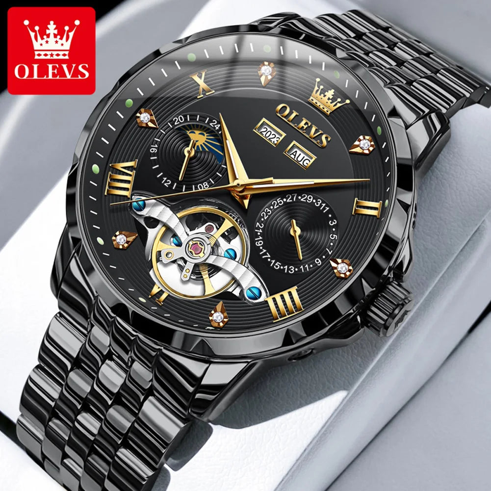 OLEVS 6691 Herrenuhren Luxus Römische Skala Mechanische Uhr für Herren Moonswatch Hohl Schwungrad Kalender Wasserdichte Armbanduhr
