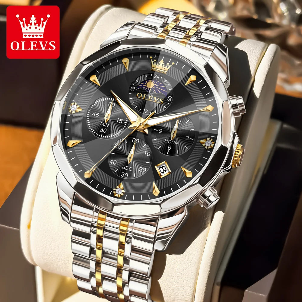 OLEVS 3673 Man Watch Fashion Chronograph Quartz Watch For Men 43mm Big Dial Moon Phase Calendar Waterproof Original Hand Clock