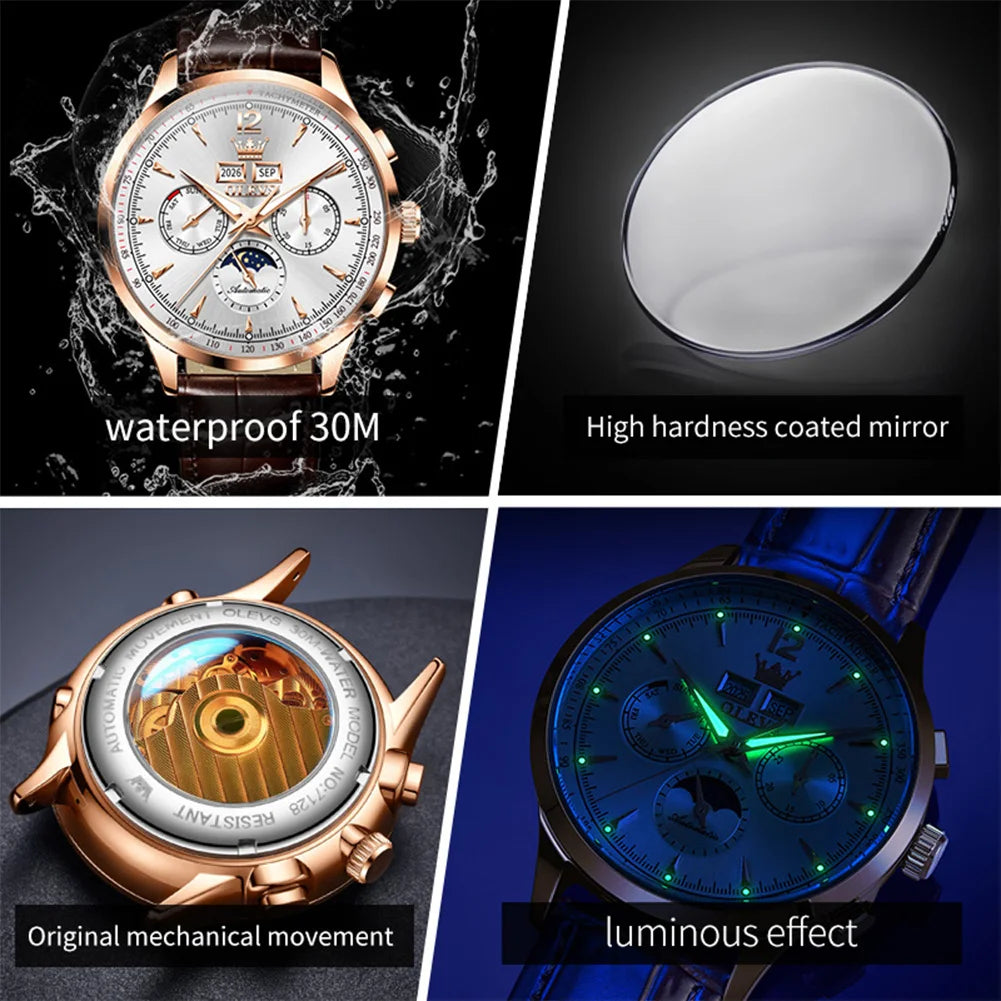 OLEVS 7128 Herrenuhr Luxus Klassische Automatische Mechanische Armbanduhr Wasserdichter Ewiger Kalender Mondphasenuhren Für Herren