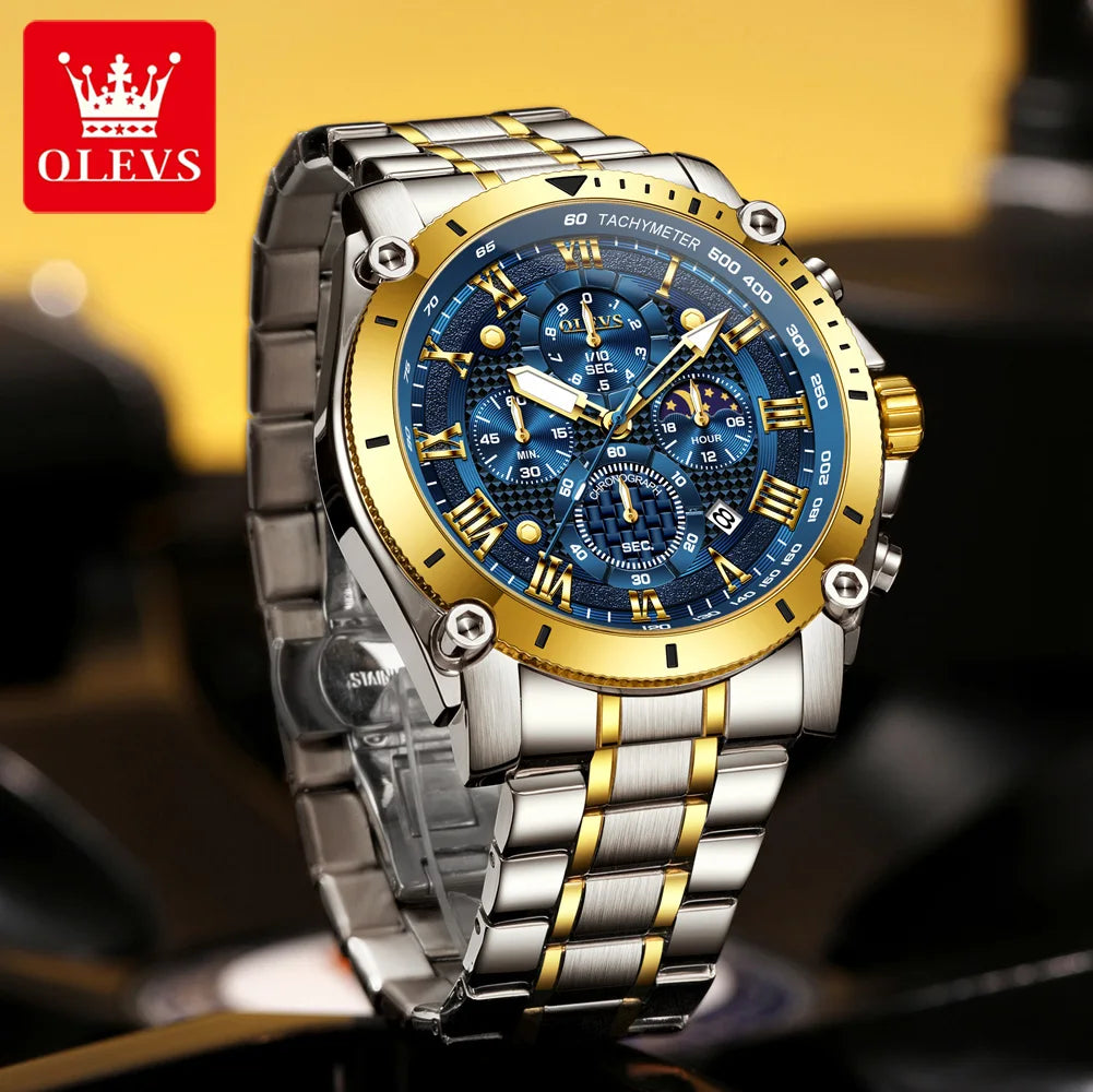 OLEVS 3689 Quartz Men Watch Fashion Original 47mm Big Dial Roman Scale Moon Phase Watch For Men Calendar Waterproof Hand Clock