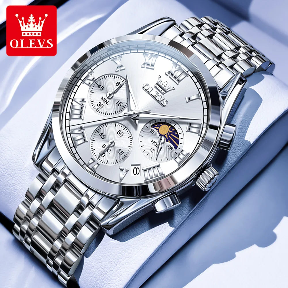 OLEVS 2871 Herrenuhr Original Kalender Mondphase Quarzuhr 30M Wasserdicht Edelstahl Herrenarmbanduhr Uhren für Herren